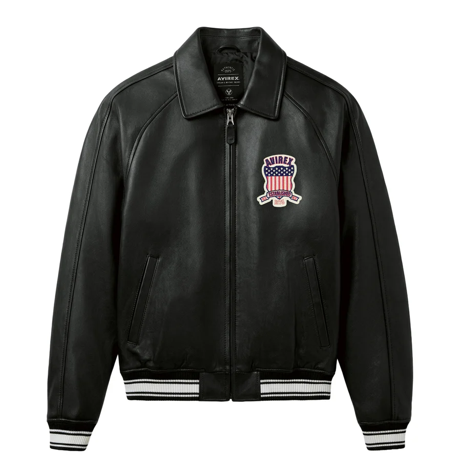 Avirex Heritage Leather Flight Jacket with Striped Ribbed Trim