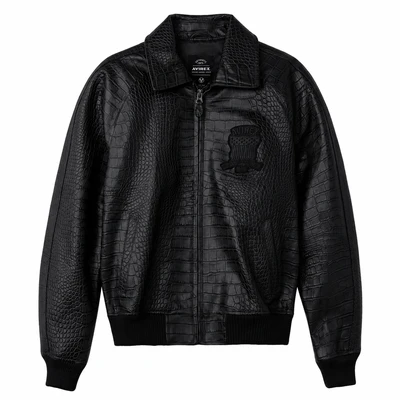 Avirex Stealth Black Crocodile Pattern Leather Flight Jacket