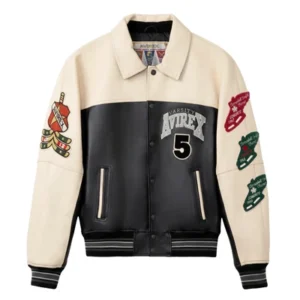 Avirex Archive Leather Varsity Bomber Jacket with Graphic Sleeve Patches