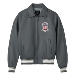 Avirex Heritage Leather Flight Jacket with Striped Ribbed Trim – Grey