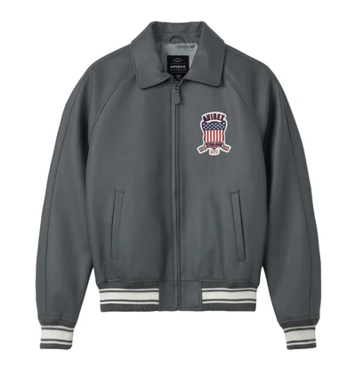 Avirex Heritage Leather Flight Jacket with Striped Ribbed Trim – Grey