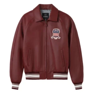 Avirex Heritage Leather Flight Jacket with Striped Ribbed Trim – Burgundy