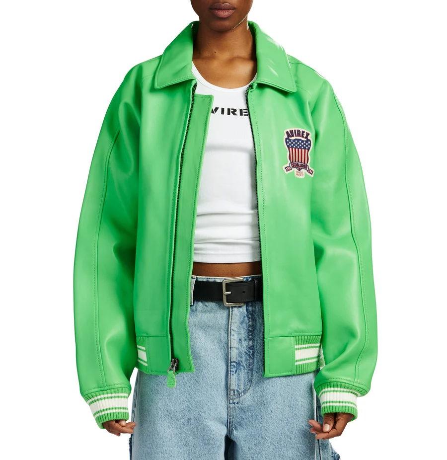 Avirex USA Established 1975 Premium Lime Green Leather Bomber Jacket - Image 3