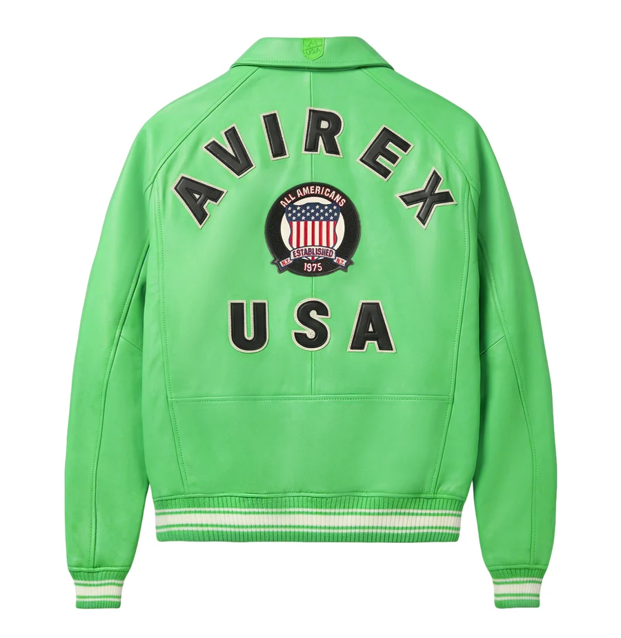 Avirex USA Established 1975 Premium Lime Green Leather Bomber Jacket - Image 2