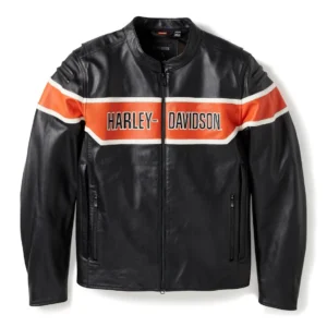 Harley-Davidson Heritage Black Leather Moto Jacket with Orange Chest Band