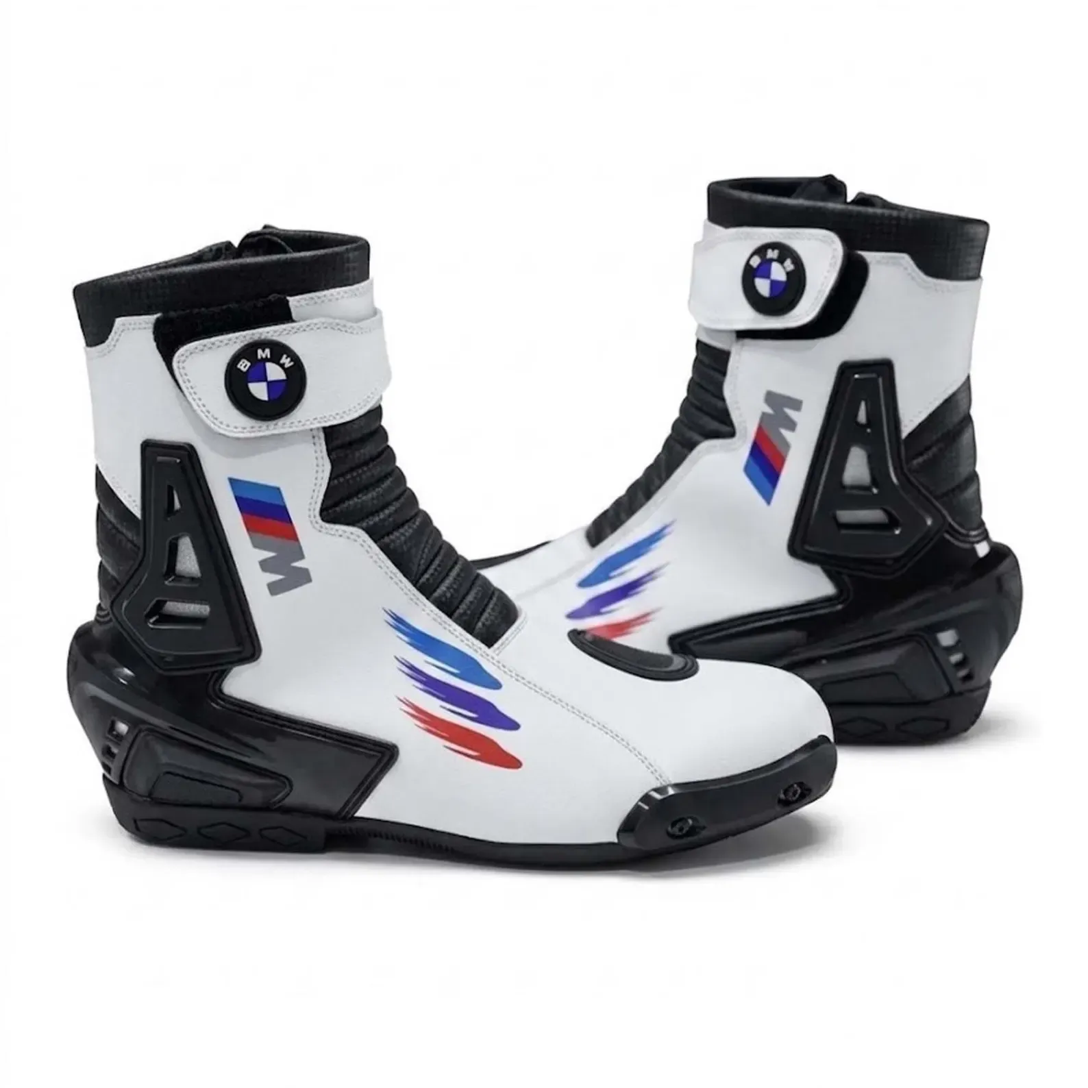 TRIFECTA Men's Motorcycle Racing Boots – White & Black Biker Boots with Ankle Protection