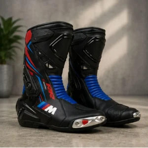 TRIFECTA Mens Racing Motorcycle Boots | Black Red & Blue Biker Boots with TPU Shin Guard & Articulated Ankle