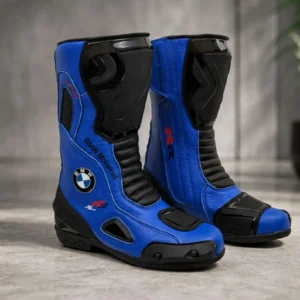 TRIFECTA Pro-Racer Men's Motorcycle Boots | Black & Blue Biker Boots with Reinforced Ankle & Shin Armor
